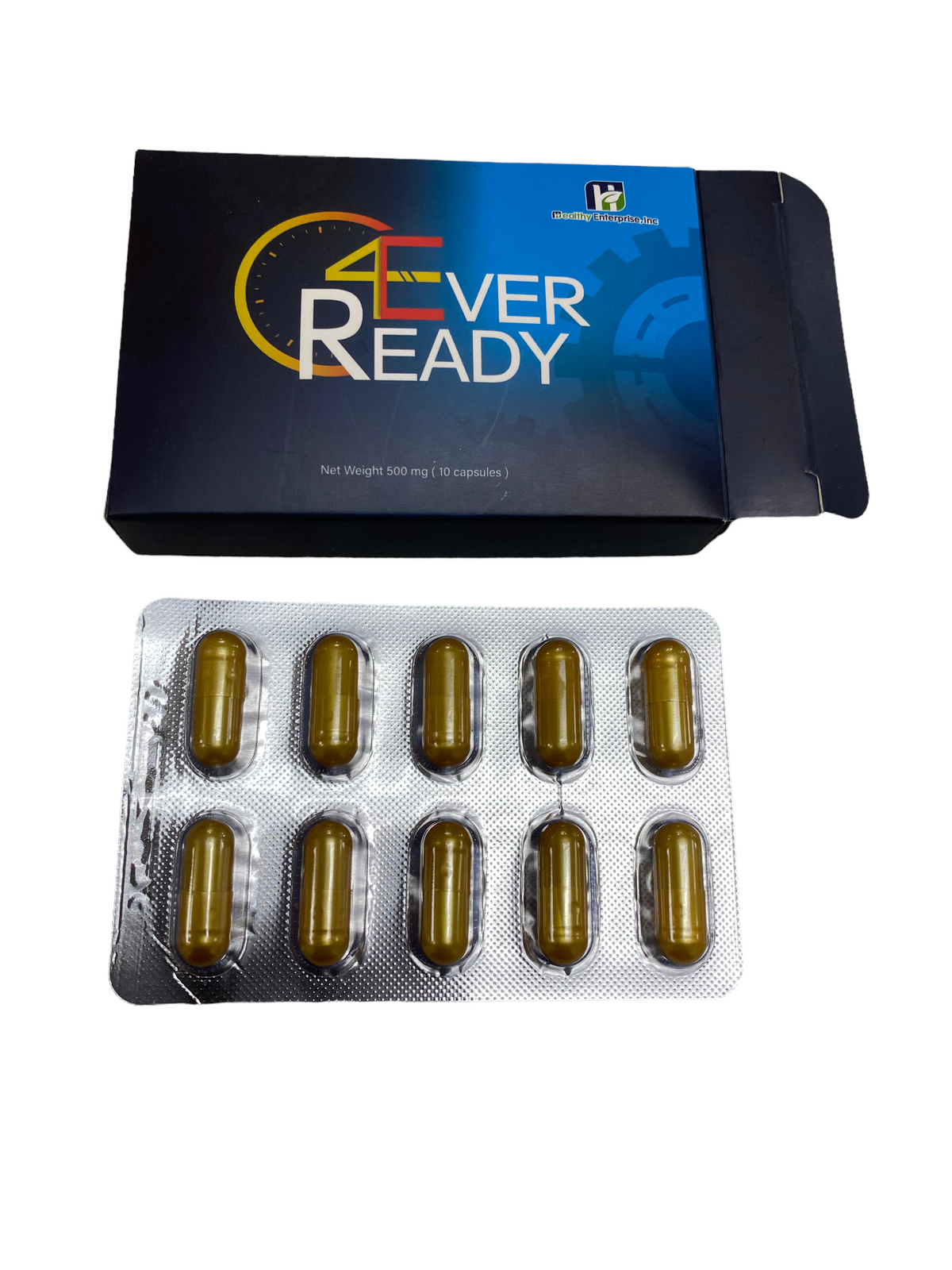 Men's Wellness Energy Capsules in a black and blue cardboard box with ten olive-brown capsules in a silver blister pack.