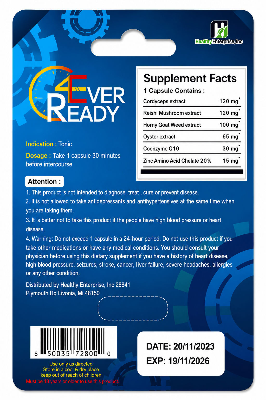 Back label of a 4Ever Ready single-capsule blister card showing supplement facts and barcode