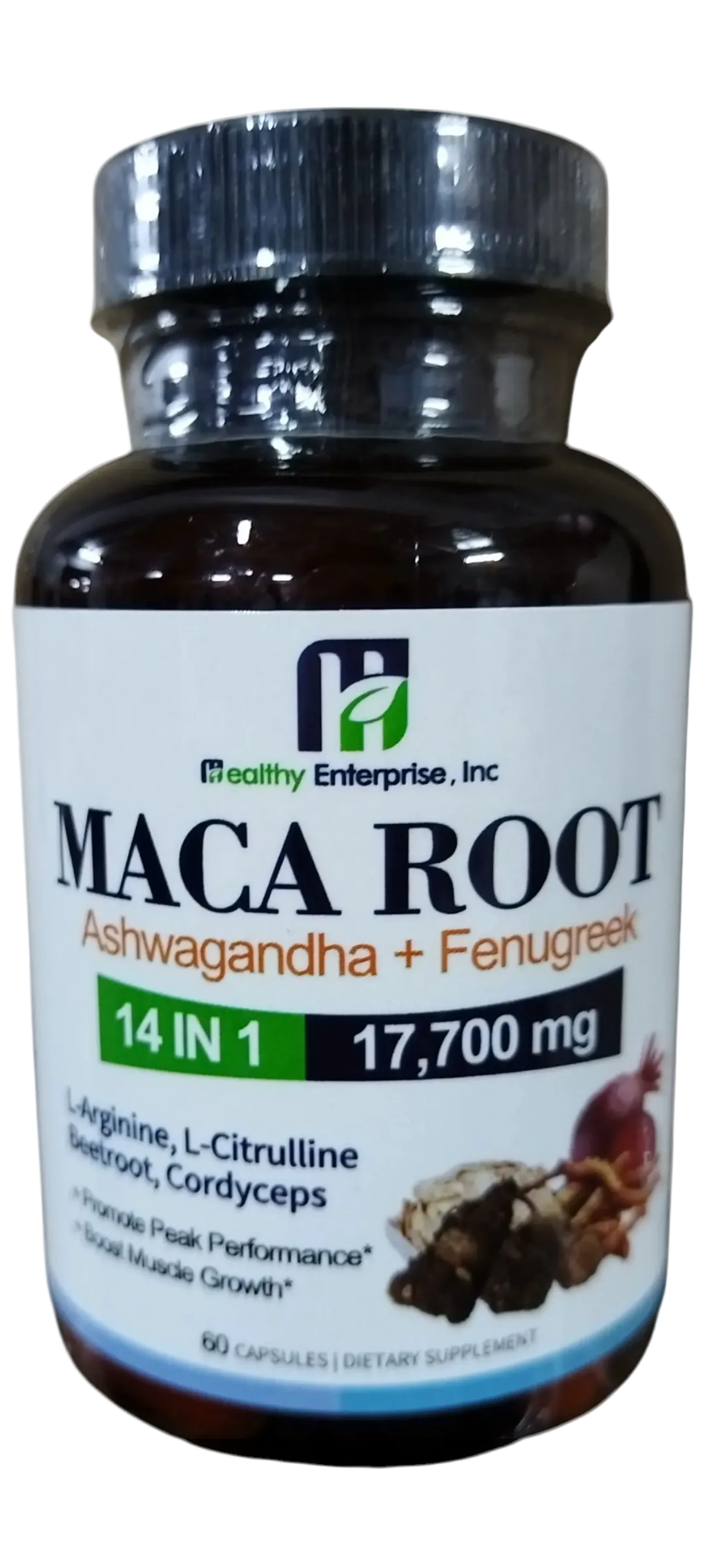 Maca Root 14-in-1 Capsules in a dark amber bottle with a black cap, white label, green accents and botanical imagery.