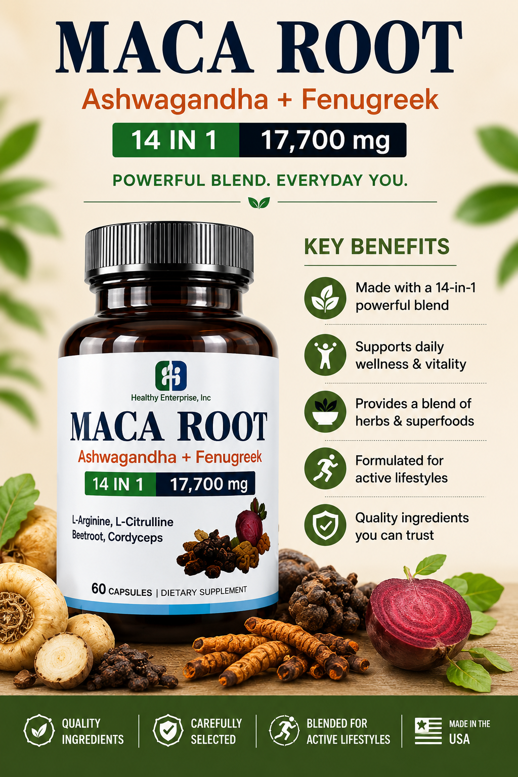 Maca Root 14-in-1 Capsules – Ashwagandha + Fenugreek