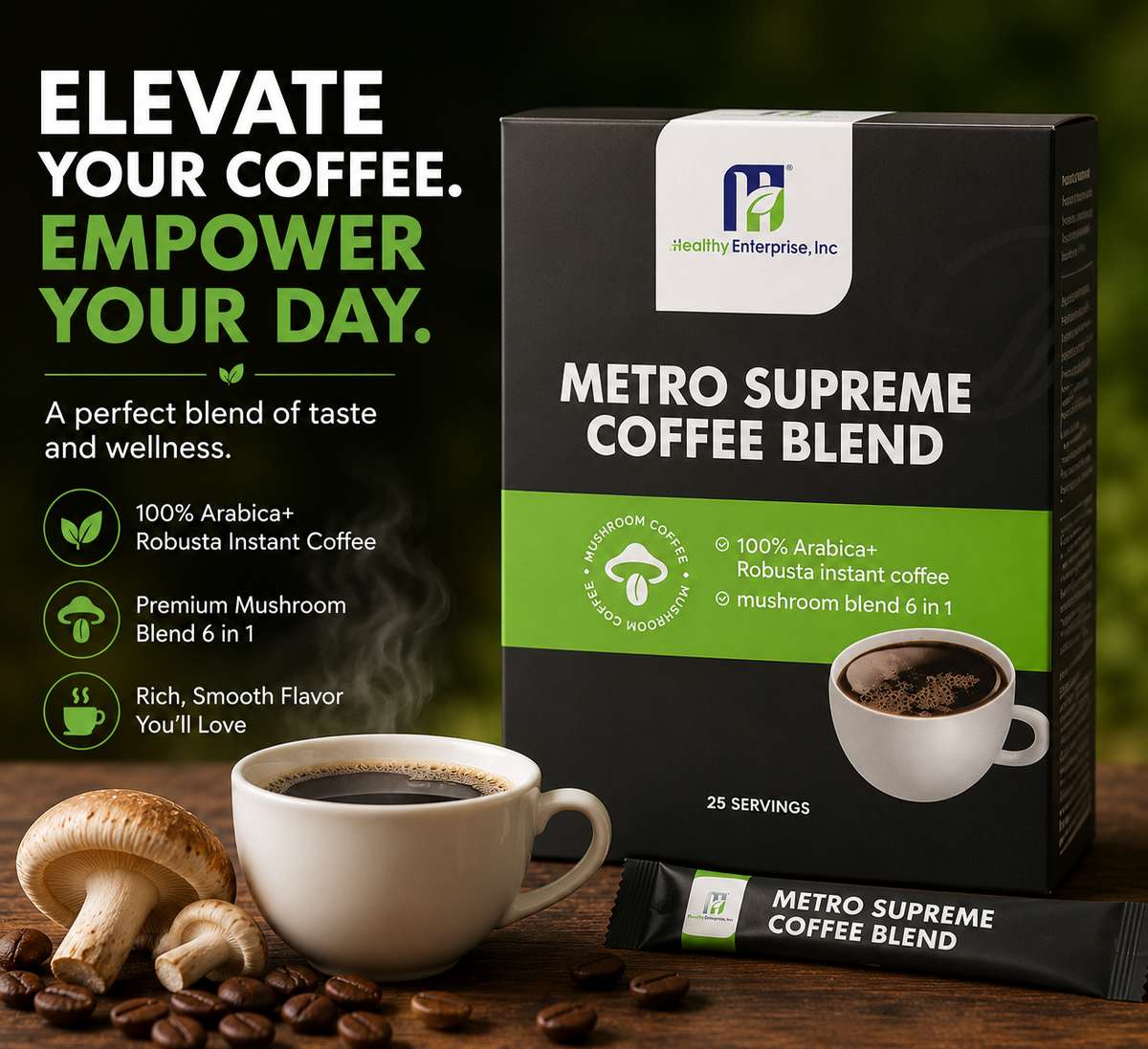 Metro Supreme Coffee Blend box with black and green packaging, Arabica and Robusta coffee, mushroom blend, and 25 sachets.