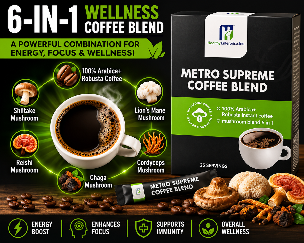 Metro Supreme Coffee Blend | 6-Mushroom Instant Coffee | 25 Sachets
