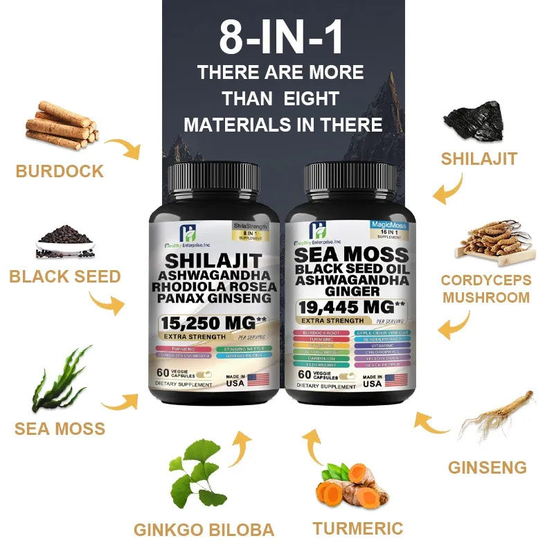 Shilajit 8-in-1 & Sea Moss 16-in-1 Herbal Supplement Bundle