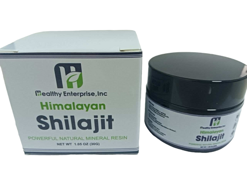 Himalayan Shilajit Resin Supplement in a dark jar with a black lid and white-and-green label, packaged in a matching tin box.